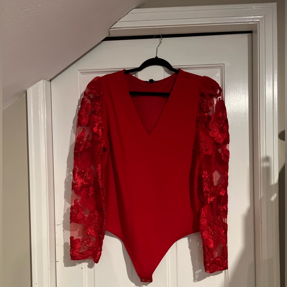 Red floral lace sleeve thong bodysuit